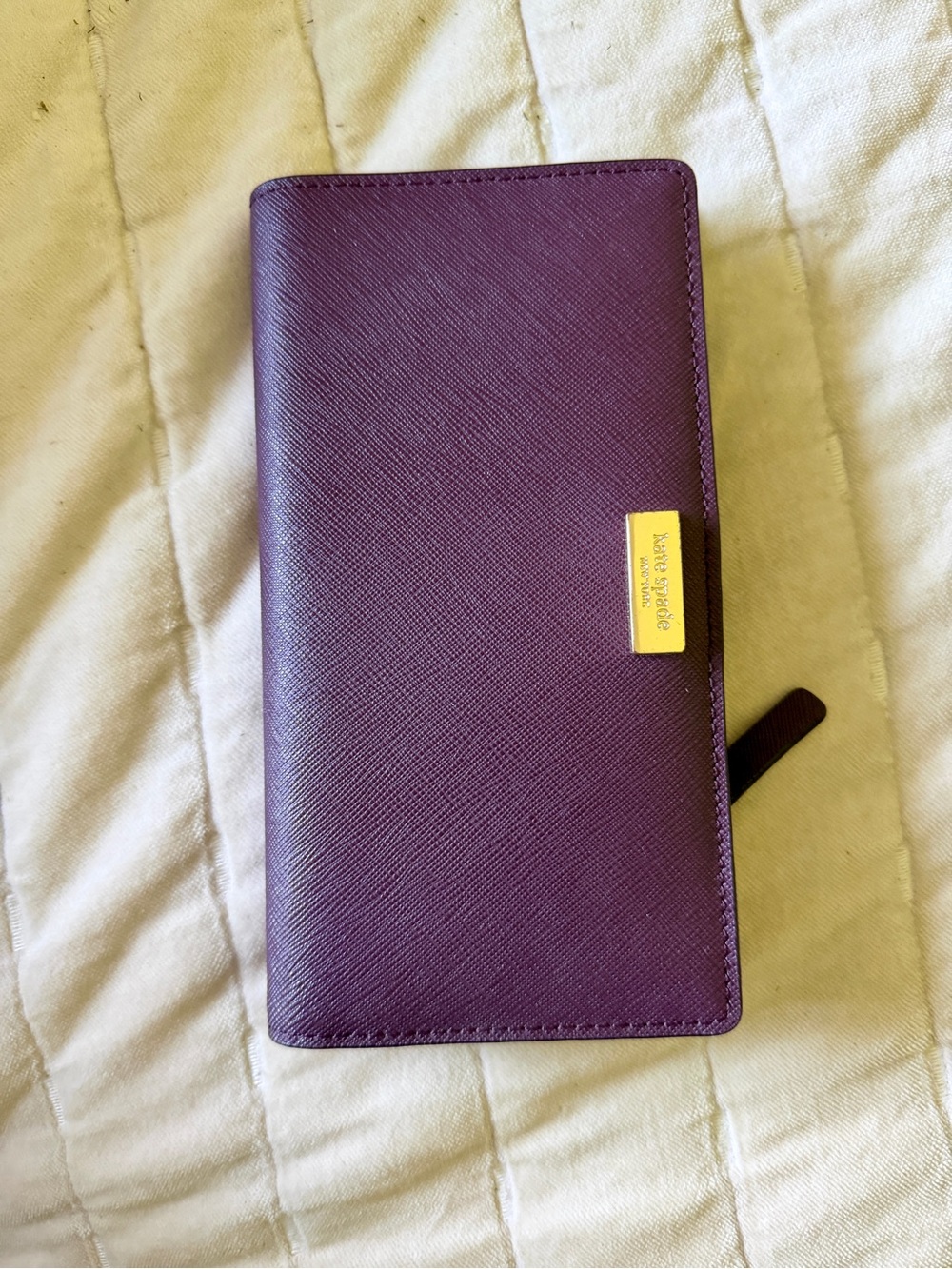 kate spade Plum Saffiano Zip Wallet with Yellow Logo Plate